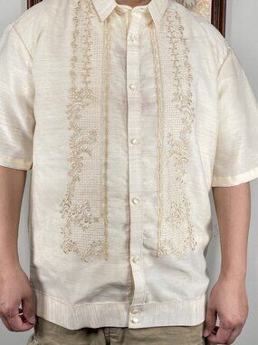 Filipino Barong Shortsleeve Top Men's 4XL (US XL) Beige Embroidered NWOT